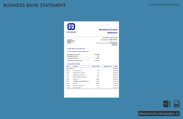 Beispielansicht eines Kontoauszugs des Firmengirokontos der UCO Bank im Word- und PDF-Format